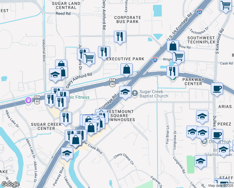 map of restaurants, bars, coffee shops, grocery stores, and more near 13420 Southwest Freeway in Sugar Land