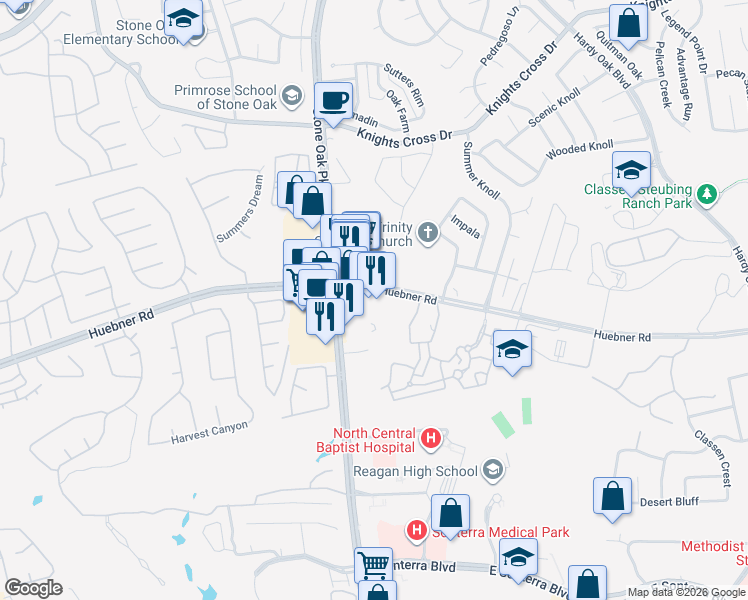 map of restaurants, bars, coffee shops, grocery stores, and more near 20322 Huebner Road in San Antonio
