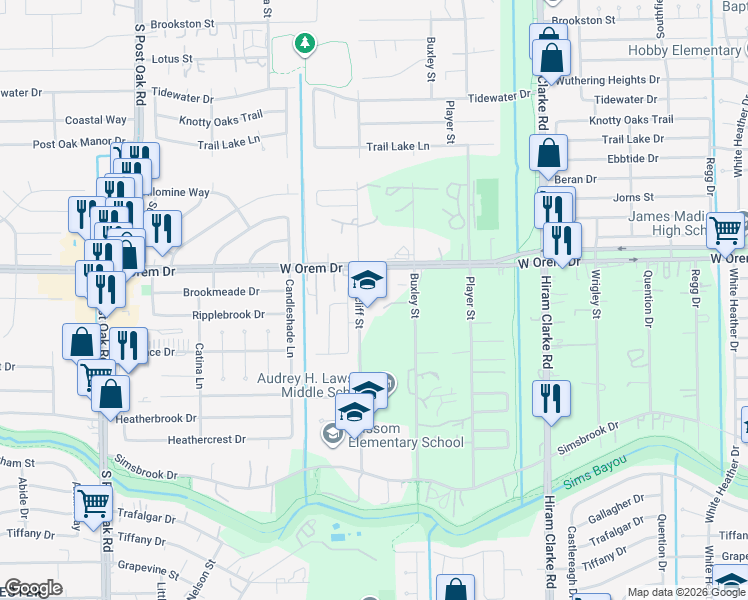 map of restaurants, bars, coffee shops, grocery stores, and more near 13825 Stancliff Street in Houston