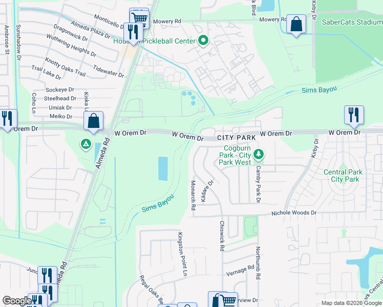 map of restaurants, bars, coffee shops, grocery stores, and more near 12526 Chiswick Road in Houston