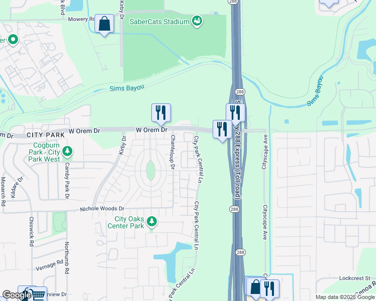map of restaurants, bars, coffee shops, grocery stores, and more near 11800 City Park Central Lane in Houston