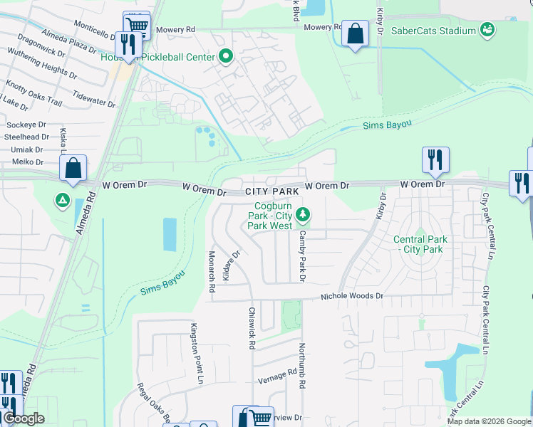 map of restaurants, bars, coffee shops, grocery stores, and more near 11719 Green Colling Park Drive in Houston
