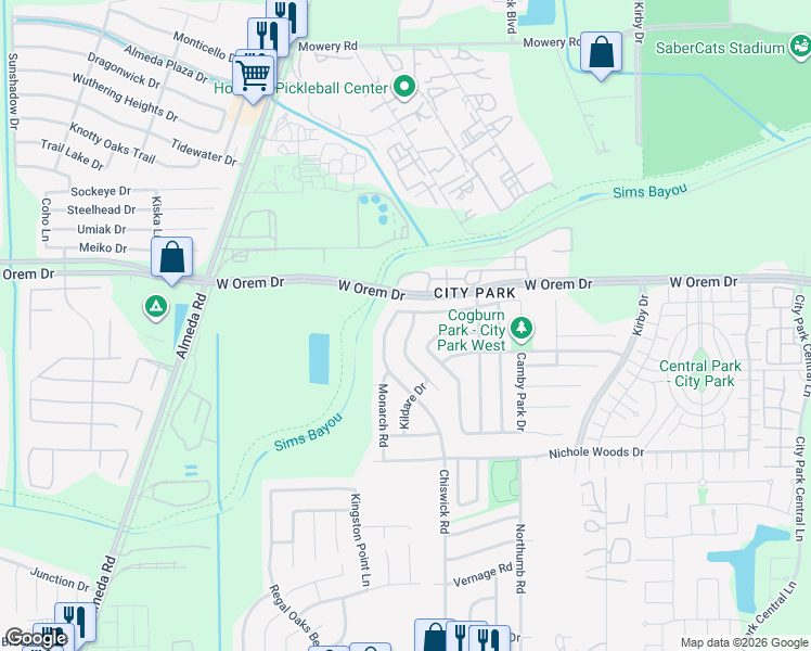 map of restaurants, bars, coffee shops, grocery stores, and more near 2231 Tandy Park Way in Houston