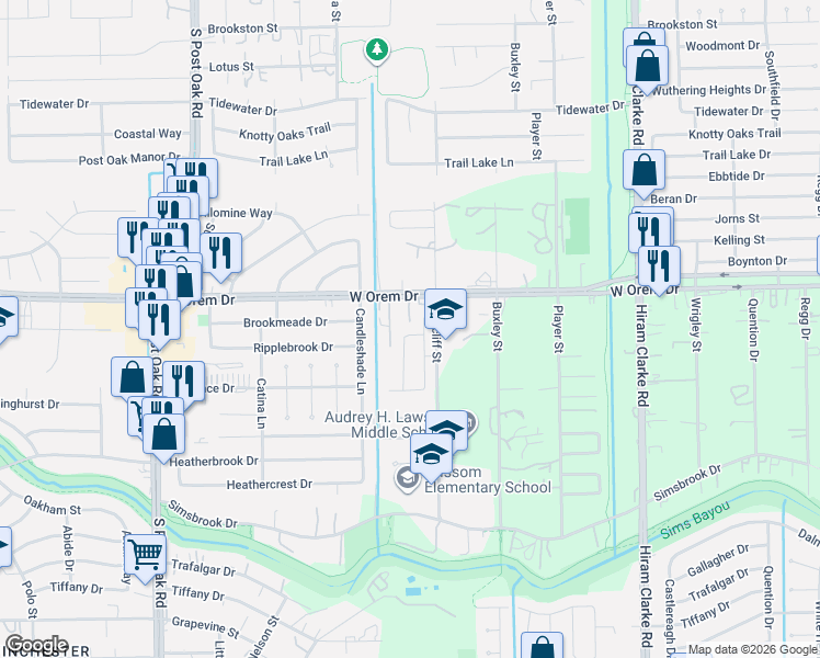 map of restaurants, bars, coffee shops, grocery stores, and more near 4939 West Orem Drive in Houston