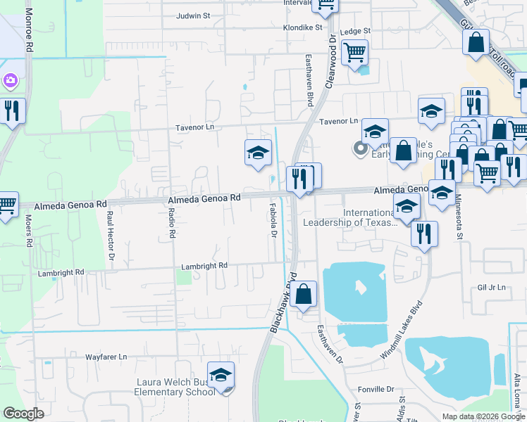 map of restaurants, bars, coffee shops, grocery stores, and more near 9710 East Jennifer Way Drive in Houston
