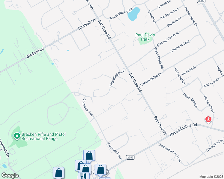map of restaurants, bars, coffee shops, grocery stores, and more near 19819 Wild Hllw in Garden Ridge