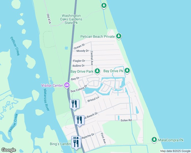 map of restaurants, bars, coffee shops, grocery stores, and more near 25 Bedford Drive in Palm Coast