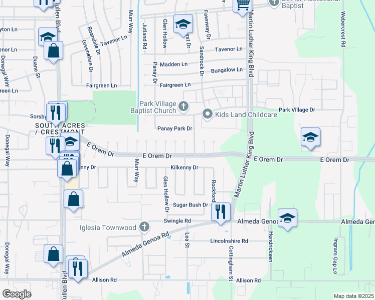 map of restaurants, bars, coffee shops, grocery stores, and more near 12122 Sandrock Drive in Houston
