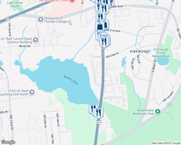 map of restaurants, bars, coffee shops, grocery stores, and more near 2628 Southwest 14th Drive in Gainesville