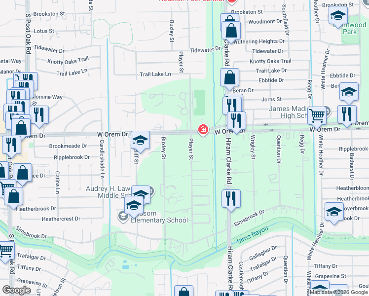 map of restaurants, bars, coffee shops, grocery stores, and more near 13826 Player Street in Houston