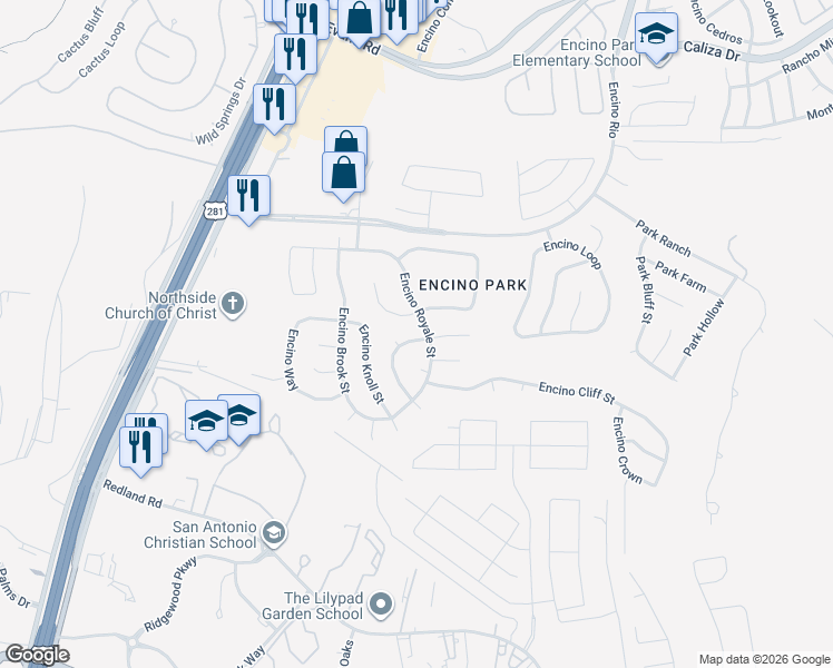 map of restaurants, bars, coffee shops, grocery stores, and more near 1938 Encino Belle Street in San Antonio