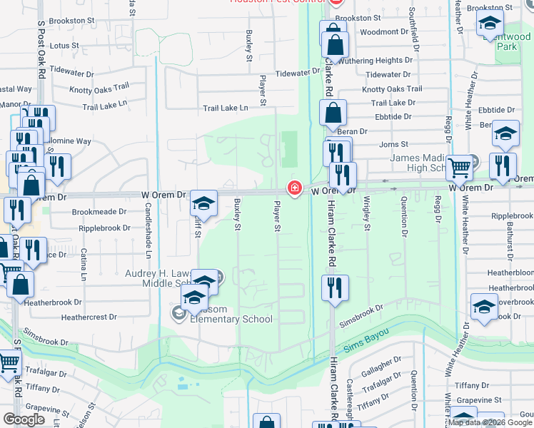 map of restaurants, bars, coffee shops, grocery stores, and more near 13826 Player St in Houston