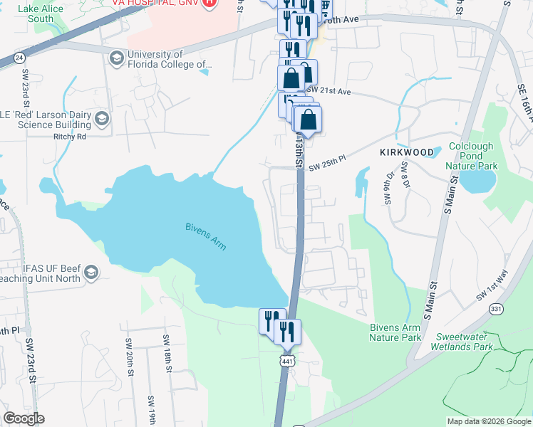 map of restaurants, bars, coffee shops, grocery stores, and more near 2628 Southwest 14th Drive in Gainesville
