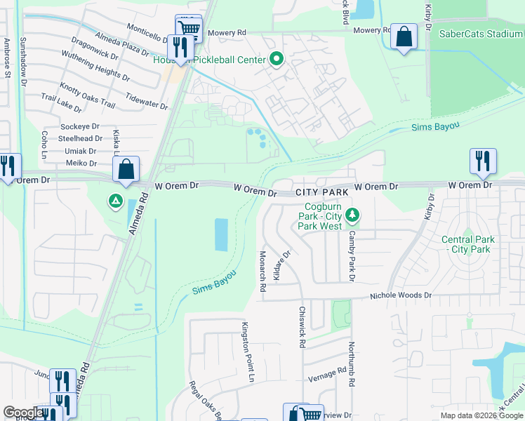 map of restaurants, bars, coffee shops, grocery stores, and more near 12526 Chiswick Road in Houston