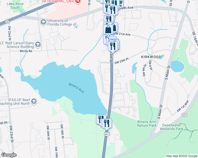 map of restaurants, bars, coffee shops, grocery stores, and more near 2628 Southwest 14th Drive in Gainesville