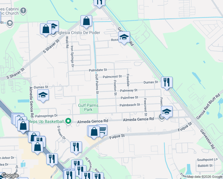 map of restaurants, bars, coffee shops, grocery stores, and more near 12117 Palmway Street in Houston