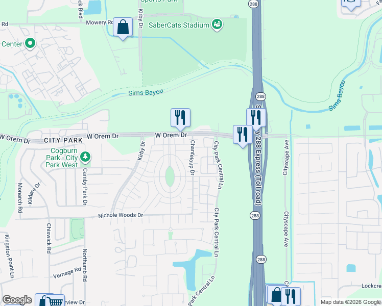 map of restaurants, bars, coffee shops, grocery stores, and more near 11720 Chanteloup Drive in Houston