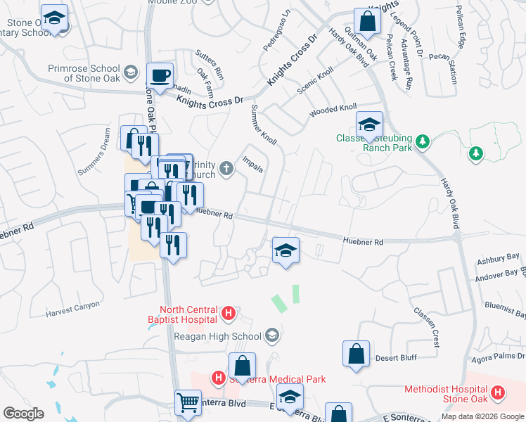map of restaurants, bars, coffee shops, grocery stores, and more near 20627 Huebner Road in San Antonio