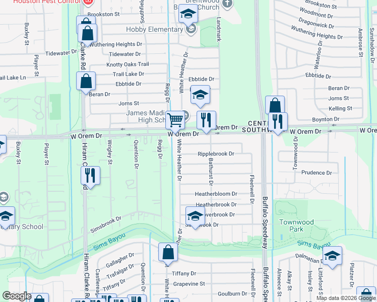 map of restaurants, bars, coffee shops, grocery stores, and more near 4018 Ripplebrook Drive in Houston