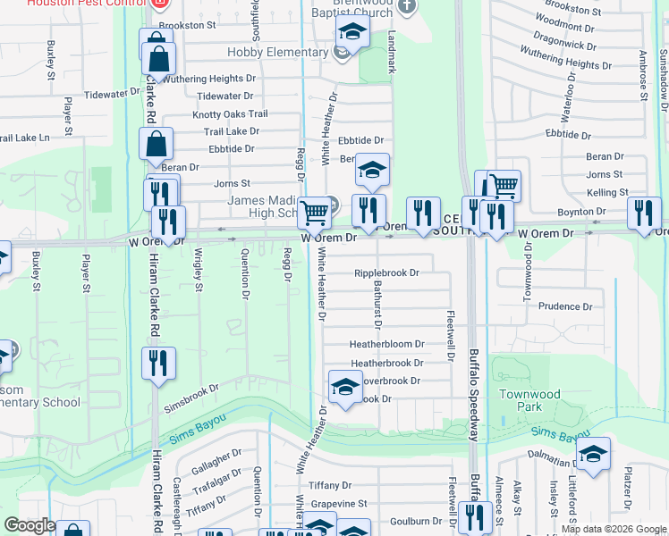 map of restaurants, bars, coffee shops, grocery stores, and more near 4018 Ripplebrook Drive in Houston