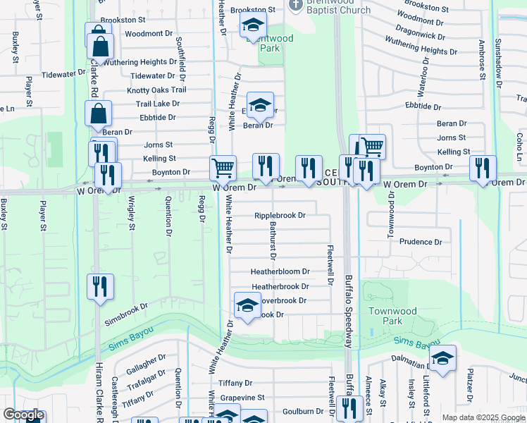 map of restaurants, bars, coffee shops, grocery stores, and more near 3910 Ripplebrook Drive in Houston