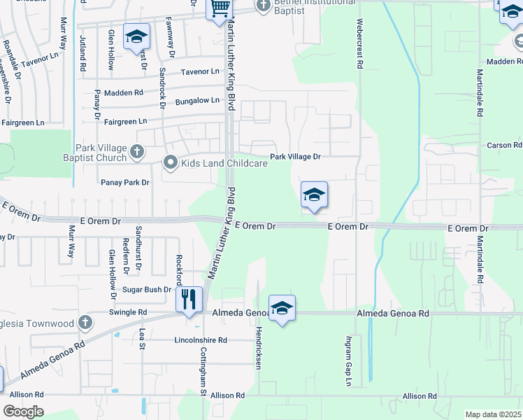map of restaurants, bars, coffee shops, grocery stores, and more near 5425 East Orem Drive in Houston
