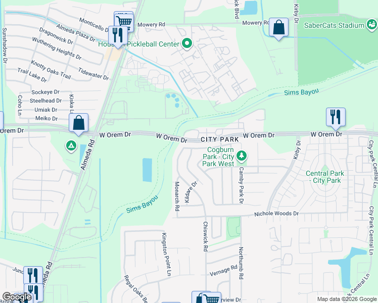 map of restaurants, bars, coffee shops, grocery stores, and more near 2231 Tandy Park Way in Houston