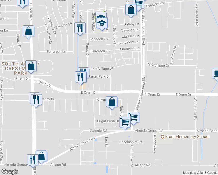 map of restaurants, bars, coffee shops, grocery stores, and more near 12122 Sandrock Drive in Houston