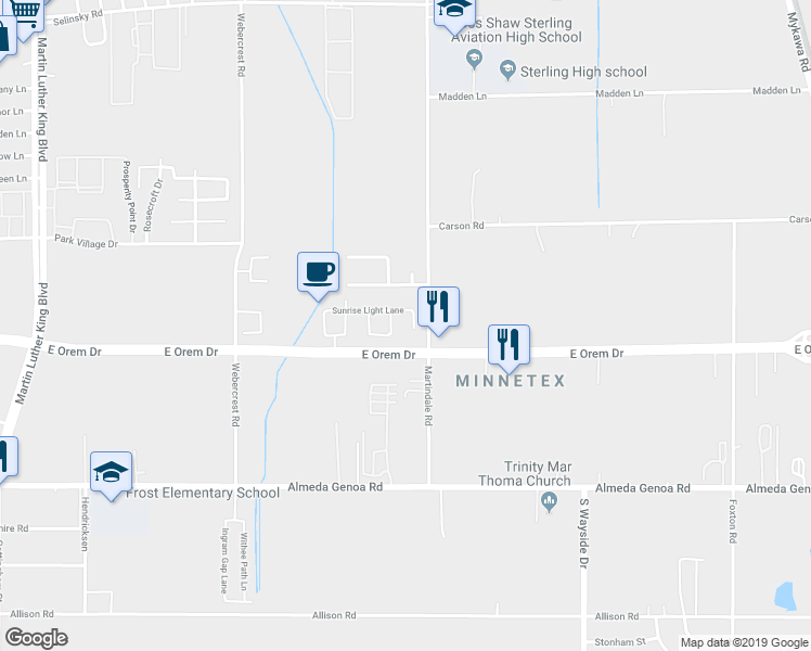 map of restaurants, bars, coffee shops, grocery stores, and more near 12422 Early Horizon Court in Houston