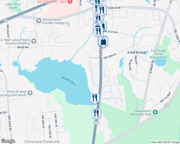 map of restaurants, bars, coffee shops, grocery stores, and more near 2628 Southwest 14th Drive in Gainesville