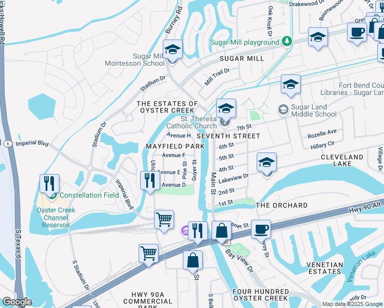 map of restaurants, bars, coffee shops, grocery stores, and more near 235 Avenue F in Sugar Land