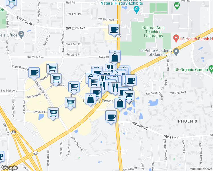 map of restaurants, bars, coffee shops, grocery stores, and more near 3422 Southwest Archer Road in Gainesville