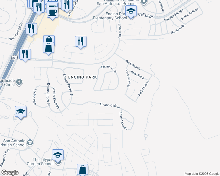 map of restaurants, bars, coffee shops, grocery stores, and more near 19902 Encino Grove in San Antonio