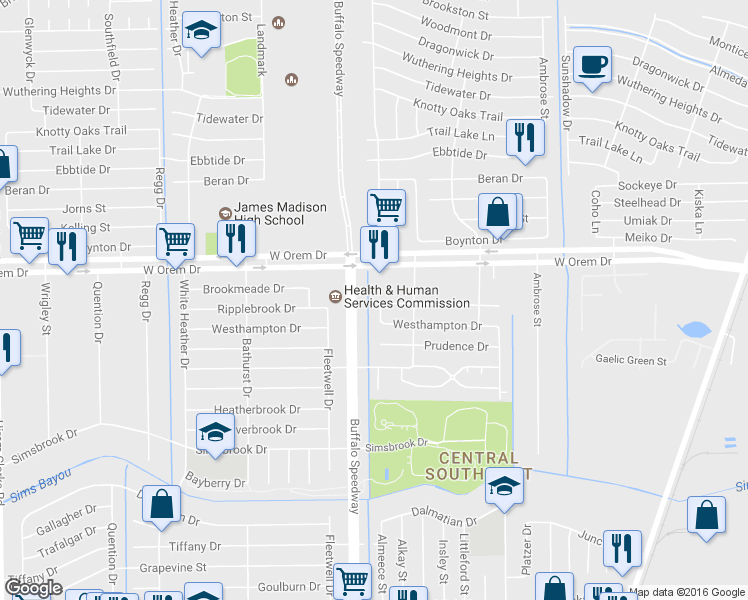 map of restaurants, bars, coffee shops, grocery stores, and more near 3534 Ripplebrook Drive in Houston