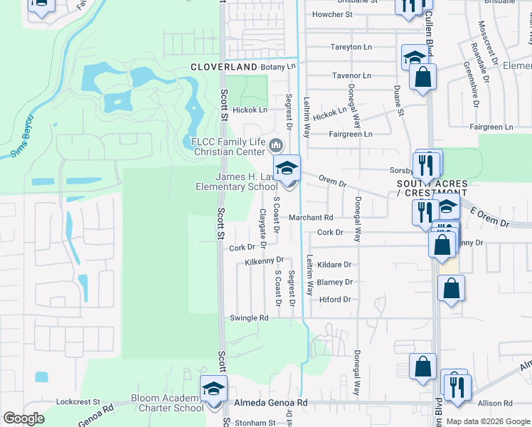 map of restaurants, bars, coffee shops, grocery stores, and more near 12543 Claygate Drive in Houston