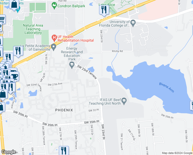 map of restaurants, bars, coffee shops, grocery stores, and more near 3301 Southwest 23rd Terrace in Gainesville