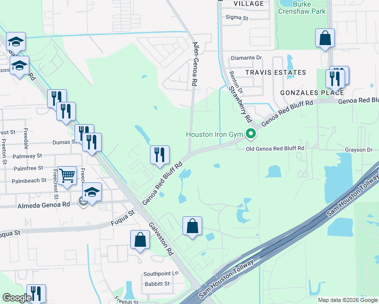 map of restaurants, bars, coffee shops, grocery stores, and more near 345 Genoa Red Bluff Road in Houston