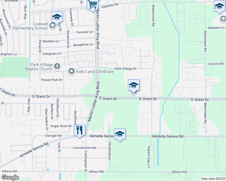 map of restaurants, bars, coffee shops, grocery stores, and more near 5346 East Orem Drive in Houston