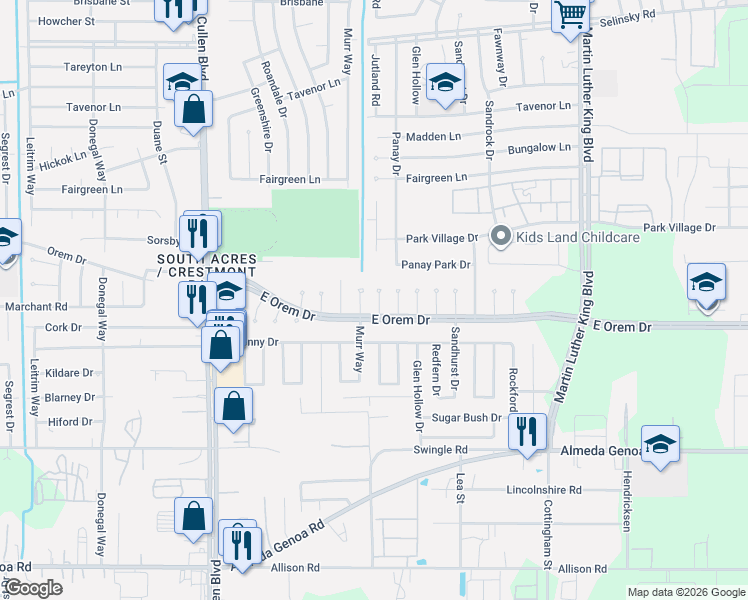 map of restaurants, bars, coffee shops, grocery stores, and more near 12122 Murr Way in Houston