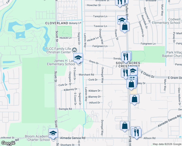 map of restaurants, bars, coffee shops, grocery stores, and more near 4023 Marchant Road in Houston