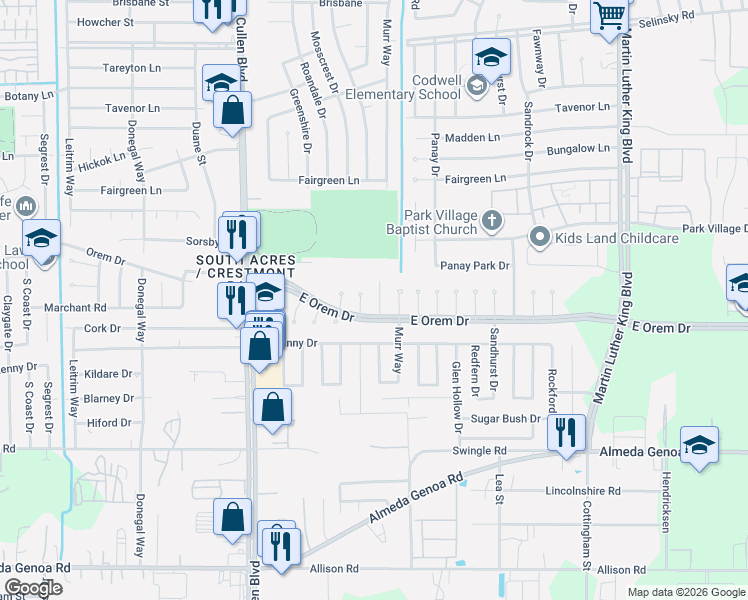 map of restaurants, bars, coffee shops, grocery stores, and more near 12115 Mosscrest Drive in Houston