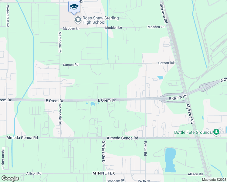 map of restaurants, bars, coffee shops, grocery stores, and more near East Orem Drive in Houston