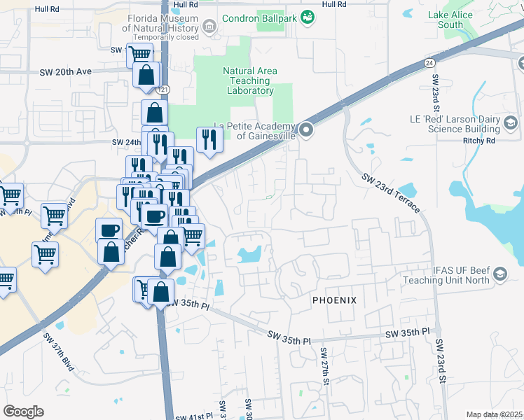 map of restaurants, bars, coffee shops, grocery stores, and more near 2811 Southwest Archer Road in Gainesville