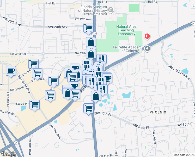 map of restaurants, bars, coffee shops, grocery stores, and more near 3404 Southwest Archer Road in Gainesville