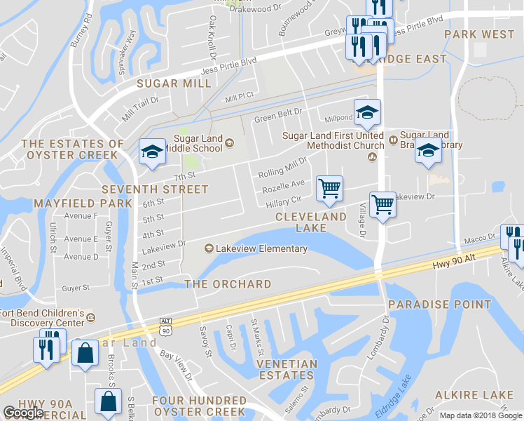 map of restaurants, bars, coffee shops, grocery stores, and more near 506 Hillary Circle in Sugar Land