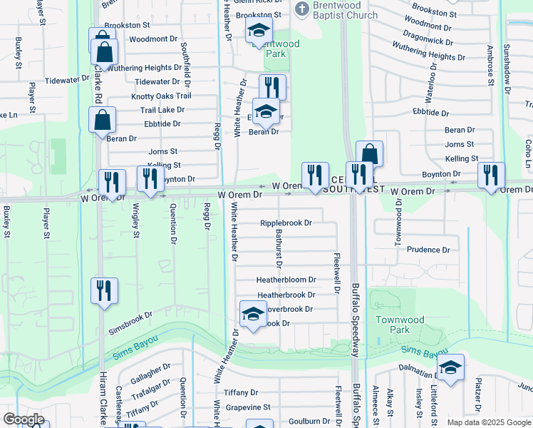 map of restaurants, bars, coffee shops, grocery stores, and more near 3910 Ripplebrook Drive in Houston