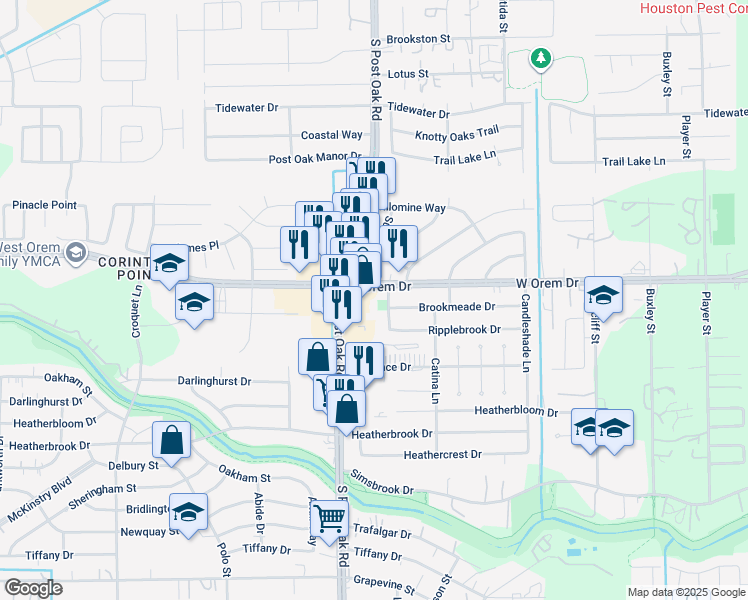 map of restaurants, bars, coffee shops, grocery stores, and more near 5330 Brookmeade Drive in Houston