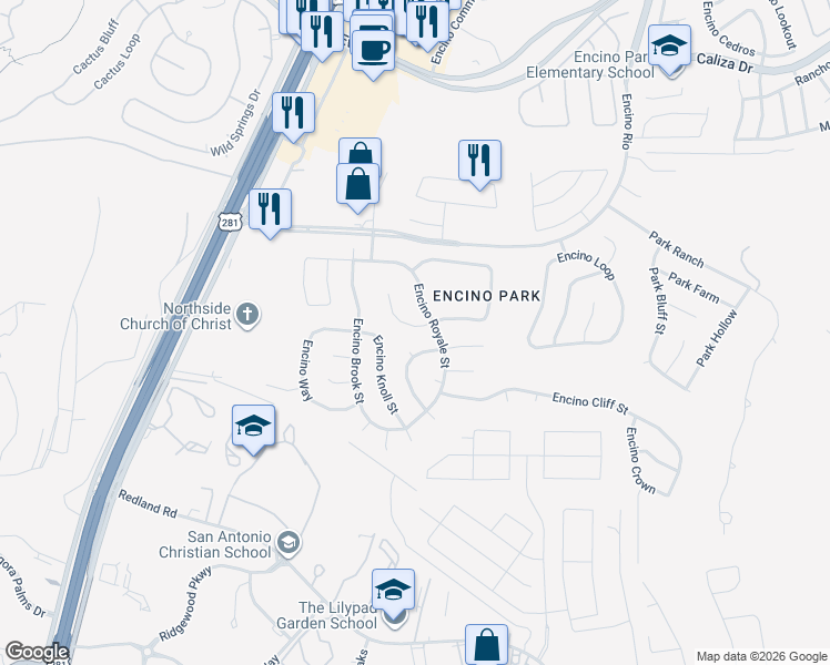 map of restaurants, bars, coffee shops, grocery stores, and more near 1938 Encino Belle Street in San Antonio
