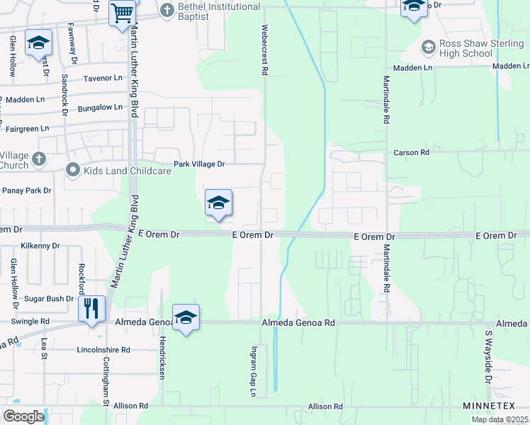 map of restaurants, bars, coffee shops, grocery stores, and more near 5814 Dawn Terrace Court in Houston