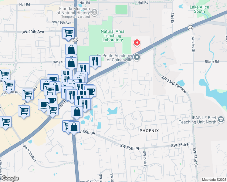 map of restaurants, bars, coffee shops, grocery stores, and more near 2811 Southwest Archer Road in Gainesville